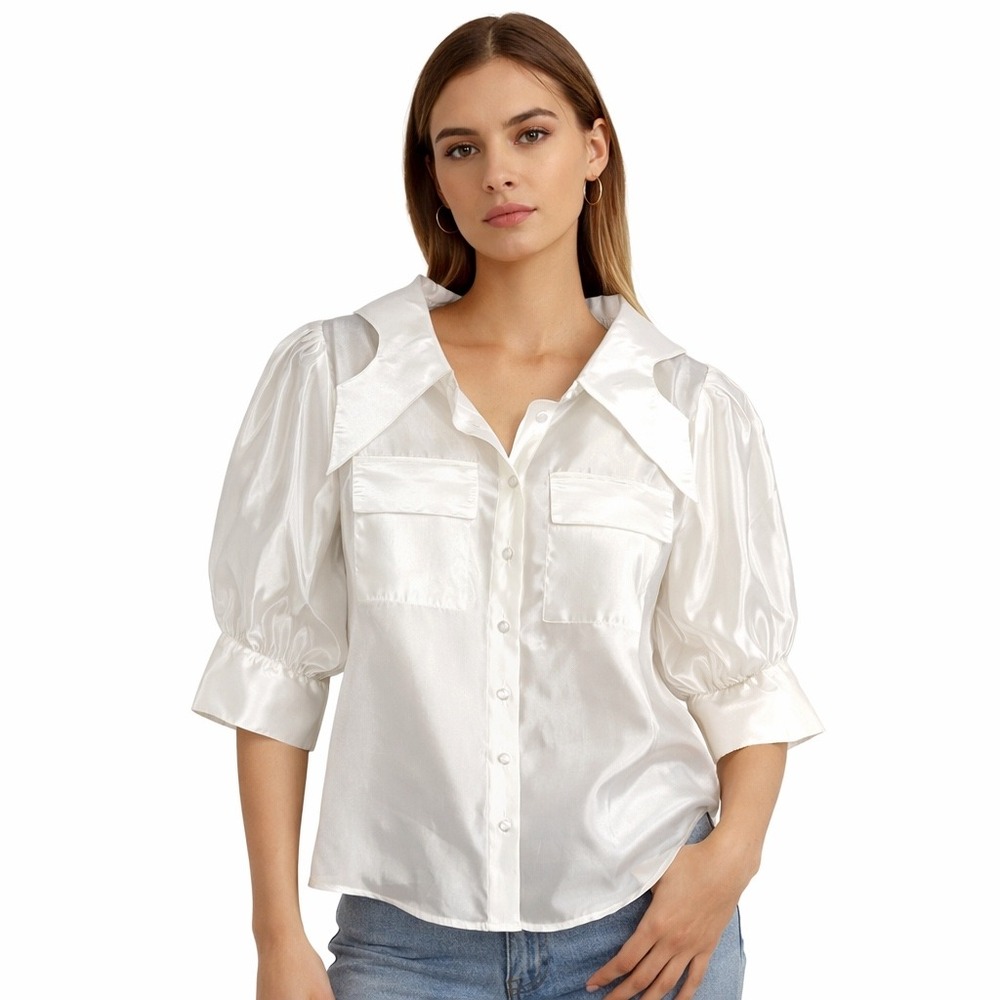 Gracia Satin Button Down Blouse Women Medium White Chic Puff Sleeve Collared Top